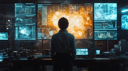 Poster - Engineer analyzing data in a high-tech lab surrounded by holographic displays at night