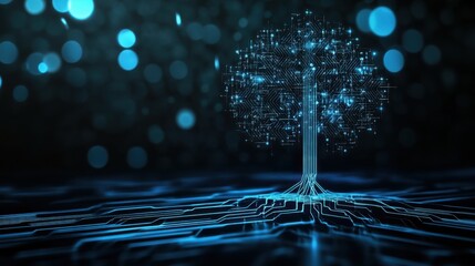 Poster - Digital Tree Shaped Circuit Board with Glowing Nodes and Bokeh Lights in a Futuristic Technology Concept, Representing Growth and Connectivity in a Virtual Ecosystem