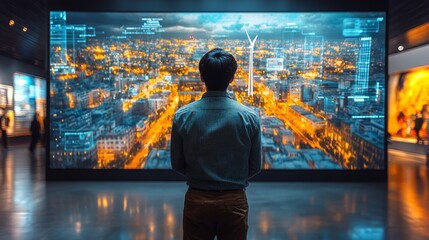 Poster - Engineer studies a holographic city projection in a modern exhibition space during the evening