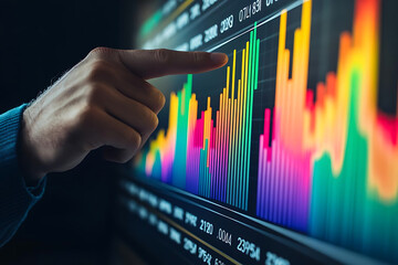 Economic contraction signals. person pointing at colorful financial graph on screen, indicating data trends and analysis. vibrant colors represent market fluctuations and investment opportunities