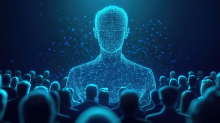 Poster - Futuristic Abstract Representation of a Human Figure Surrounded by Crowd of Silhouettes, Digital Data Visualization in a High-Tech Environment