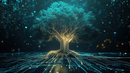 Poster - Futuristic Digital Tree with Circuit Patterns Illuminated Against a Dark Background Representing the Intersection of Nature and Technology in a High-Tech Environment