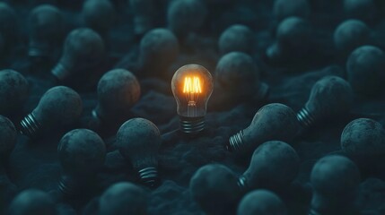 Poster - A Single Glowing Light Bulb Amidst a Sea of Dim and Unlit Bulbs, Symbolizing Innovation, Ideas, and Creativity in a Mysterious Environment