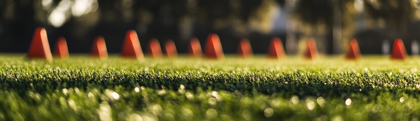 Poster - A field with orange cones arranged for a training or sports activity.