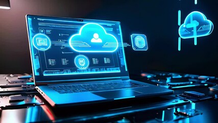Laptop displaying cloud computing data transfer.