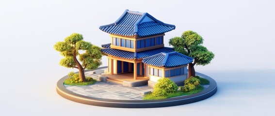 Poster - A stylized traditional building surrounded by greenery on a circular base.
