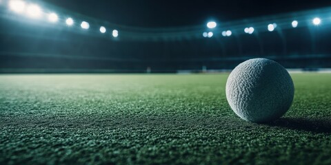 Poster - A close-up of a white ball on a grassy field in a dimly lit stadium.
