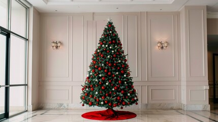 Wall Mural - Elegant Christmas tree in a stylish lobby setting.
