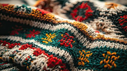 Poster - A close-up of a cozy knitted Christmas sweater with festive patterns.