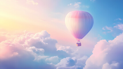Wall Mural - dreamy gradient light envelops whimsical hot air balloon ride in soft pastel hues with billowy cloud