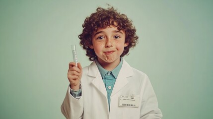Poster - A young boy in a lab coat holds a test tube, smiling confidently.