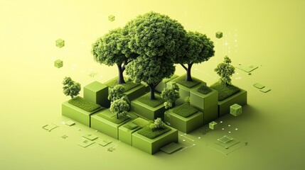 Aufkleber - A vibrant, abstract representation of trees and greenery on geometric blocks, symbolizing nature.
