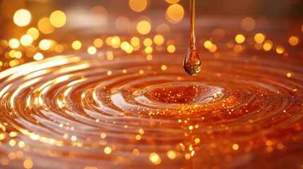 Golden liquid drop falling, creating ripples.