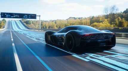 Poster - An advanced electric vehicle drives along a high-tech roadway, surrounded by lush greenery under a clear sky.