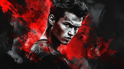 Poster - A dramatic portrait of a young man with intense expression, set against a red and black background.