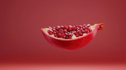 Poster - A vibrant half of a pomegranate showcasing its juicy seeds against a red background.