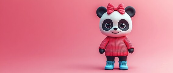 Poster - A cute cartoon panda character wearing a sweater and boots against a pink background.