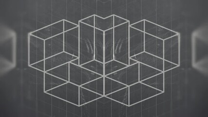 Fototapete - Minimalist style symmetrical digital seamless loop animation with white flat geometric shapes transformed on a dark scratched surface. Orthogonal projection. Optical illusion. 3d rendering 4K