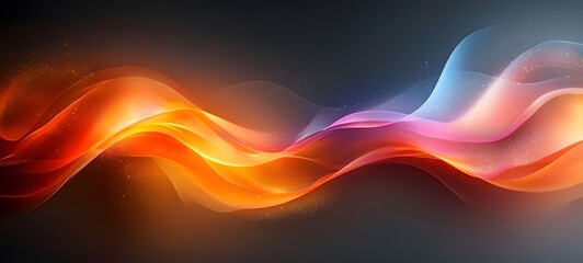 Poster - A vibrant abstract wave design featuring flowing curves in warm shades of orange, pink, and purple, set against a dark background, creating a dynamic energy.