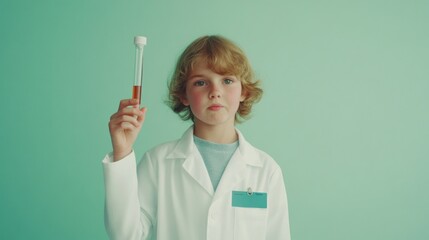 Poster - A child in a lab coat holds a test tube, symbolizing curiosity and science.