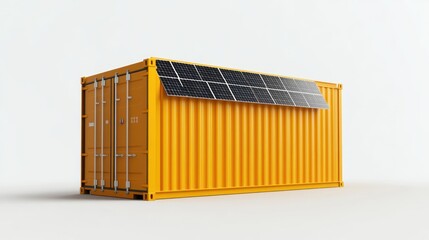 Poster - A yellow shipping container equipped with solar panels, emphasizing sustainable energy use.