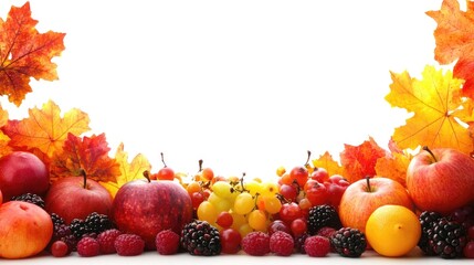 Autumn leaves and assorted seasonal fruits displaying vibrant colors on a bright white background with ample space for text or design elements