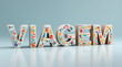 © Marcelo - A imagem apresenta a palavra 'VIAGEM' em letras tridimensionais decoradas com ícones de viagem, sobre um fundo azul claro, evocando aventura e exploração.