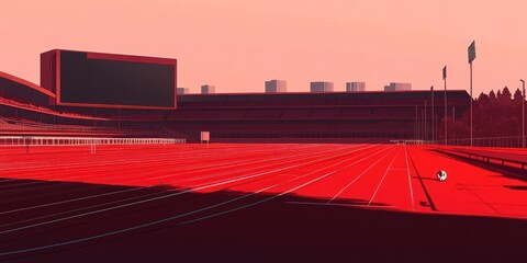 Poster - A stylized view of a sports stadium with a red hue, emphasizing the track and field area.