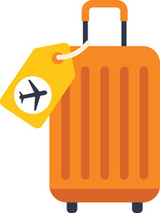 Poster - orange suitcase standing with label and airplane symbol, representing the concept of air travel and 