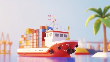 Poster - A colorful cargo ship with containers docked near palm trees and cranes.