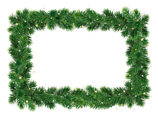 Wall Mural - Christmas square wreath with golden confetti. Christmas tree decoration. Holiday fir tree garland. Festive winter season frame, spruce branches. Transparent background in vector file.