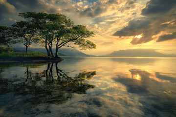 Wall Mural - Serene sunset over a tranquil lake with trees reflecting on the water, creating a peaceful and harmonious natural landscape under a dramatic sky.