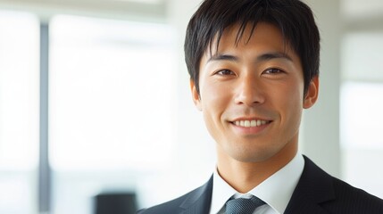 Smiling young businessman in a professional office environment, exuding confidence and approachability with a bright smile against a soft-focus background.