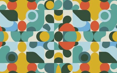 Wall Mural - Retro geometric pattern design. Vibrant mid-century modern art evokes joy and optimism.  Abstract shapes create a playful, energetic mood.