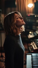 Poster - A woman in a studio, immersed in music, with a piano and synthesizers in the background.
