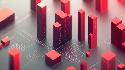 Aufkleber - Abstract representation of a cityscape with red geometric structures and technical blueprints.