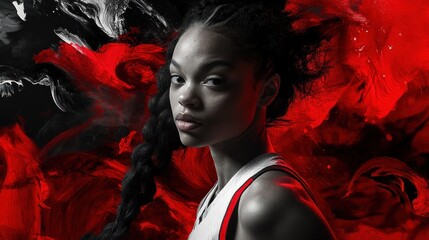 Poster - A striking portrait of a person against a vibrant, abstract background in red and black hues.