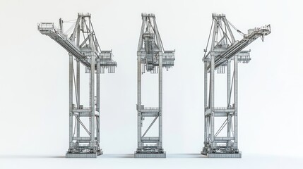 Poster - Three industrial cranes designed for loading and unloading cargo containers at ports.