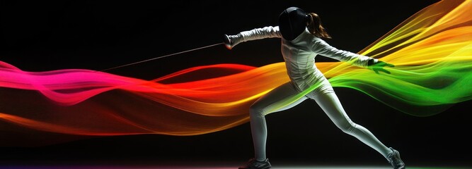 Poster - A fencer in motion, showcasing skill and agility against a colorful background.