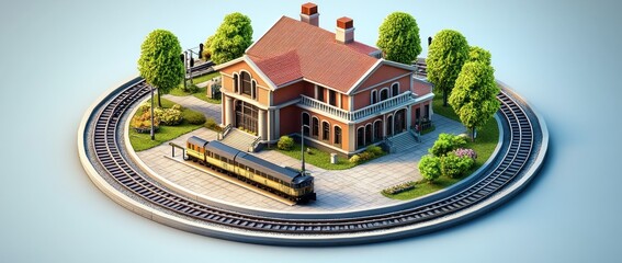 Poster - A miniature train station with a train and landscaped surroundings.