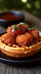 Sticker - A delicious serving of chicken and waffles topped with sauce and herbs.