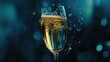 © ArtificialHorizons - Champagne flute filled with sparkling golden bubbles, beautifully contrasted against a dark blue bokeh background.