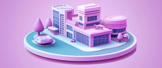 Poster - A stylized modern building complex with trees and water features in a vibrant pink hue.