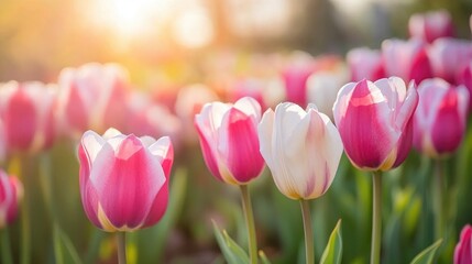 Blooming pink and white tulips in a sunlit field showcasing a vibrant seasonal floral display with soft petals and lush green leaves.