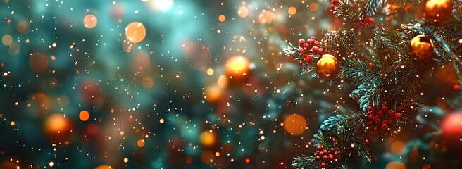 Poster - A Christmas tree with many ornaments and snow falling on it. The tree is surrounded by a blurry background, giving the impression of a dreamy, festive atmosphere