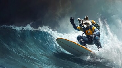 Poster - A raccoon surfing on a wave, wearing a wetsuit and backpack, showcasing adventure and fun.