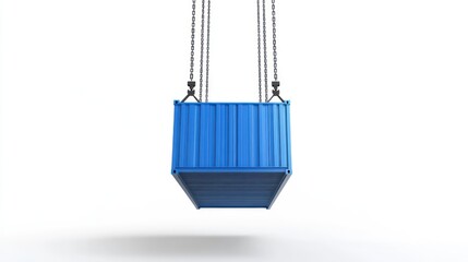 Poster - A blue shipping container being lifted by chains against a white background.