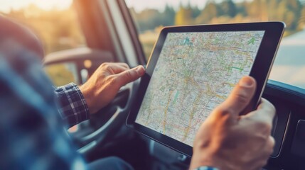 Poster - A man's hands are shown using a tablet to navigate while driving.