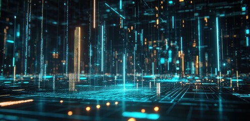 Aufkleber - A futuristic digital landscape with glowing lines and data streams.