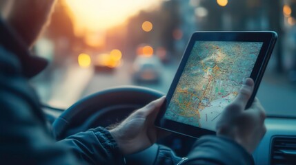 Poster - A driver uses a tablet for navigation while driving in the city.